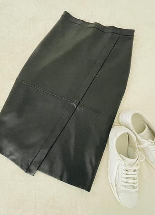 Юбка эко кожа карандаш асимметрия запах черная силуэтная деловая классика модная классическая1 фото
