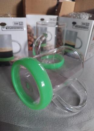 1 шт елегантна скляна чашка кружка 250 мл на силіконовій підставці для кави та чаю зелена прозора3 фото