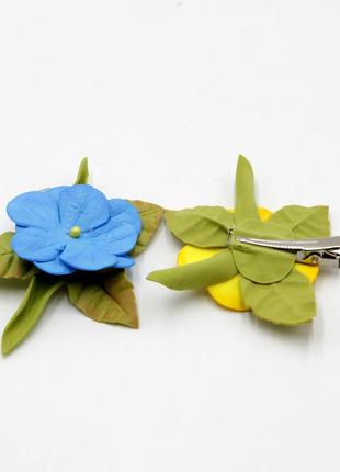 Патріотичні об'ємні заколки для волосся жовто-блакитні квіти (пара), заколки для волосся handmade, заколки з квітами на голову2 фото