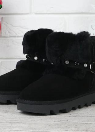 Стильні чорні жіночі черевики уггі зимові замшеві уггі з хутром теплі уггі з натуральної замші утеплені уггі на хутрі