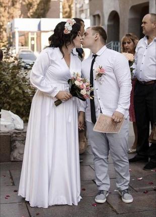 Свадебное белое платье длинное макси, вечернее белое платье, платье на запах, платье на роспись, платье на свадьбу венчание7 фото