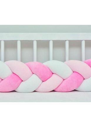 Бортик в кроватку хатка косичка розово-белый 120 см (одна сторона кроватки)1 фото