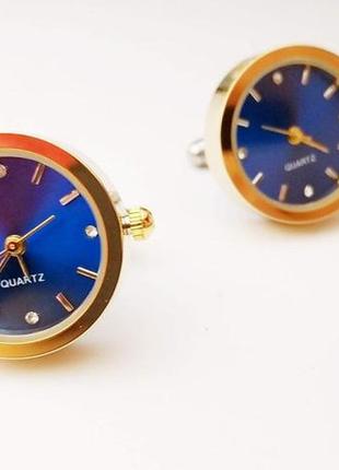 Часы золотые запонки круглые синие с цыферблатом подарок