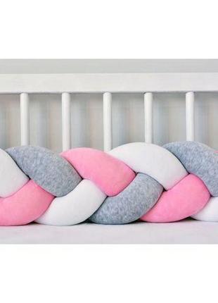 Бортик в кроватку хатка косичка бело-серый с розовым 120 см (одна сторона кроватки)