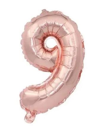 Шарик цифра 9 розовое золото, длина 70см, без гелия, фольга