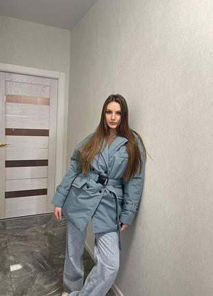 Куртка пальто короткая с поясом синяя бежевая песочная молочная теплая зима осень3 фото