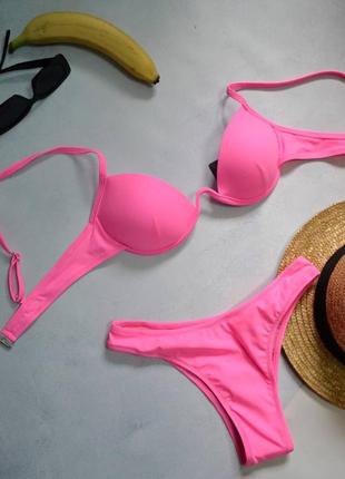 Рожевий купальник ліф високі трусики плавки бразиліана на косточках1 фото