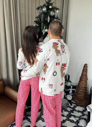 Новогодняя пижама фланель теплая рубашка брюки мужская пижама парная новогодняя2 фото