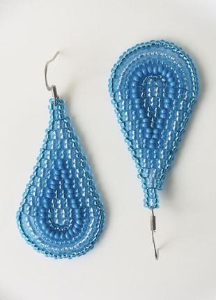Блакитні бісерні сережки у формі краплі, новорічні сережки з бісеру