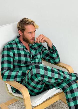 Тепла байка піжама в клітинку сорочка і штани зелена клітинка для чоловіків2 фото