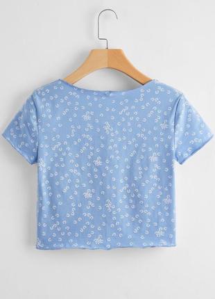 Топ шейн shein топік кроп топ кофтинка вкорочена футболка блуза блакитна ніжна в квіти8 фото