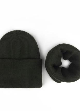 Теплий комплект шапочка рубчик та хомут, шапка з відворотом, шапка рубчік з флісом1 фото