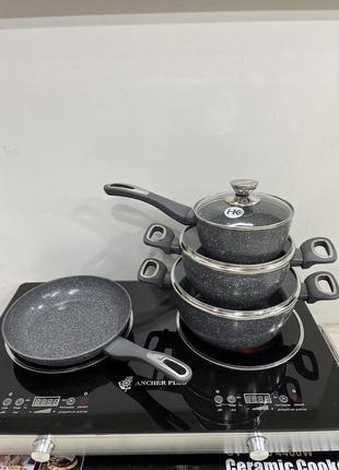 Набор посуды для кухни со сковородой гранит круглый ( 7 предметов) нк-314 серый