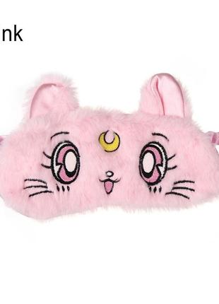 Маска для сну плюшева "котик рожевий w2". пов'язка на очі дитяча. наглазна маска жіноча