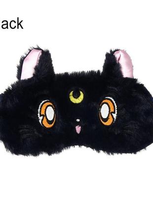 Маска для сна плюшевая "котик черная w2". повязка на глаза детская. наглазная маска женская