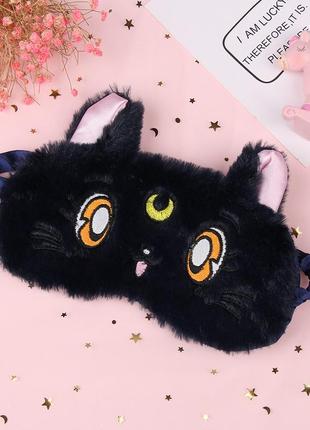 Маска для сна плюшевая "котик черная w2". повязка на глаза детская. наглазная маска женская2 фото