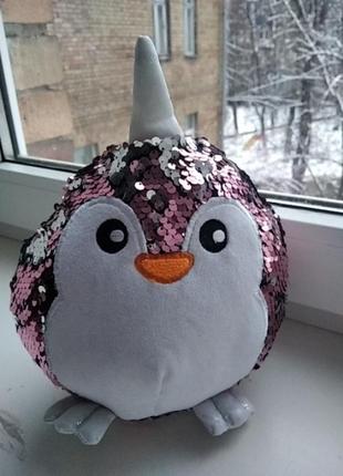 Мягкая игрушка пингвин единорог паетки