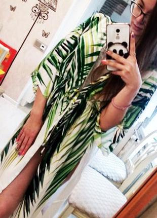 Размер 52. белая пляжная женская накидка с пальмовыми листьями, парео-халат для пляжа с зелеными листьями1 фото