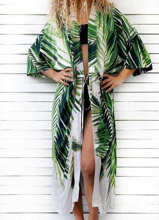 Размер 46. белый пляжный женский халат с пальмовыми листьями, белое парео для пляжа с зелеными листьями2 фото