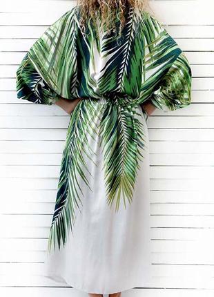 Размер 46. белый пляжный женский халат с пальмовыми листьями, белое парео для пляжа с зелеными листьями4 фото