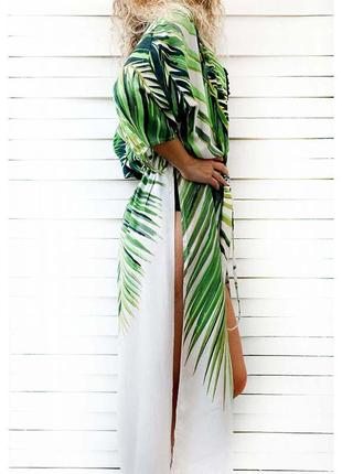 Размер 46. белый пляжный женский халат с пальмовыми листьями, белое парео для пляжа с зелеными листьями3 фото