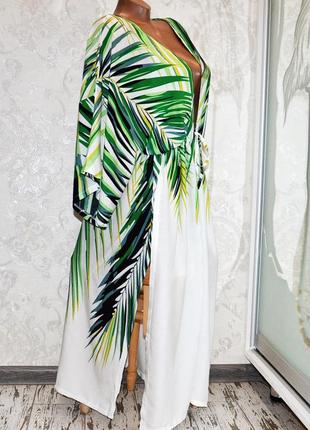 Размер 46. белый пляжный женский халат с пальмовыми листьями, белое парео для пляжа с зелеными листьями7 фото
