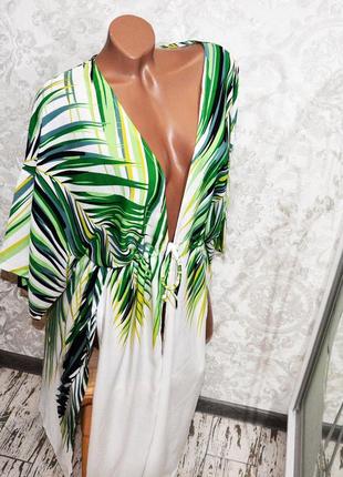 Размер 46. белый пляжный женский халат с пальмовыми листьями, белое парео для пляжа с зелеными листьями9 фото