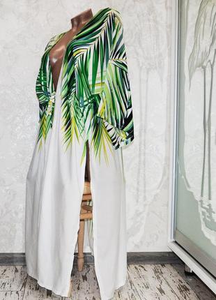 Размер 46. белый пляжный женский халат с пальмовыми листьями, белое парео для пляжа с зелеными листьями8 фото