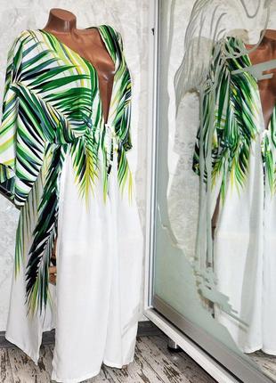 Размер 46. белый пляжный женский халат с пальмовыми листьями, белое парео для пляжа с зелеными листьями6 фото
