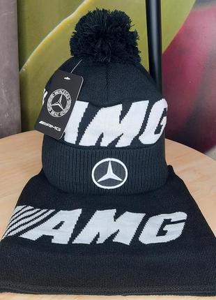 Зимовий комплект шапка баф на флісі з логотипом мерседес мерс amg