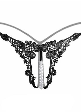 Трусы с бусинами и цветочками черные - размер универсальный, резинка до 96см