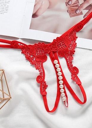 Трусы с бусинами и цветочками красные - размер универсальный, резинка до 96см