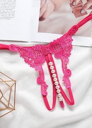 Трусы с бусинами и цветочками малиновые - размер универсальный, резинка до 96см