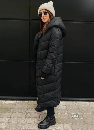 Длинное черное пальто куртка с капюшоном2 фото