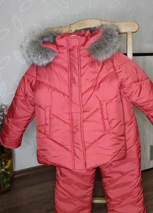 Дитячий зимовий комбінезон червоний з хутром єнот 86-164 р1 фото