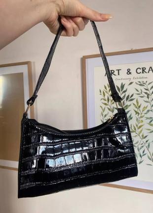 Сумка сумочка клатч багет рельеф рельефный винтаж винтажная винтажный чёрный чёрная ретро лак лаковая раковый крокодил крокодиловая крокодиловый