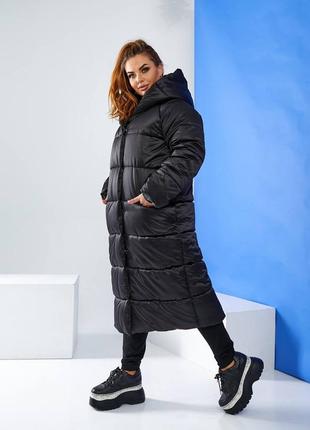 Зимова тепла куртка пальто пуховик оверсайз ковдра а521 блискавка та кгопки чорна чорний чорного кольору чорне