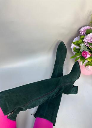 Замшеві зелені чоботи з гострим носком колір на вибір