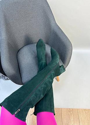 Замшеві зелені чоботи з гострим носком колір на вибір