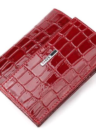 Лакований жіночий гаманець на магніті з натуральної шкіри з тисненням під крокодила karya 21186 червоний