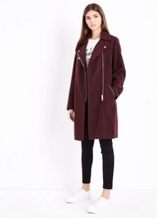 Брендовое бордовое демисезонное пальто на молнии с поясом и карманами new look вьетнам1 фото