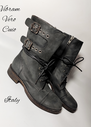 Ботинки кожа боты берцы полностью кожаные на шнуровке серые антискользящие италия vero cuio от бренда vibram 37