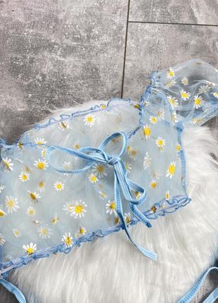 Сексуальний звабливий комплект білизни в ромашки блакитний прозорий трусики та топ