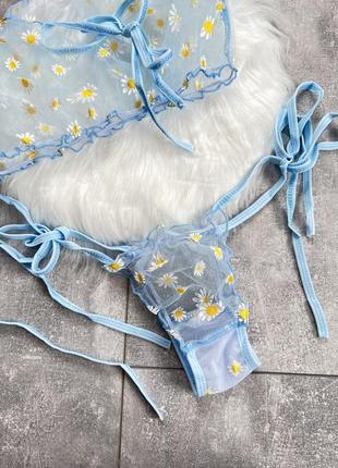 Сексуальний звабливий комплект білизни в ромашки блакитний прозорий трусики та топ