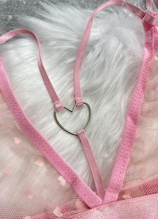 Сексуальный прозрачный комплект белья с сердечками розовый трусики и лиф2 фото