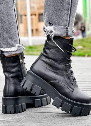 Ботинки кожаные зимние на платформе женские кожанные ботинки черные сапоги на платформе чёрные зимние -38р10 фото