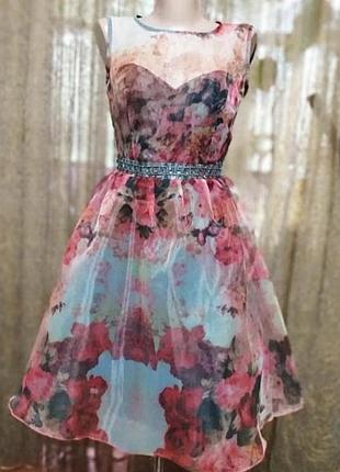 Коктейльне плаття з квітковим органзи з спідницею пачкою5 фото