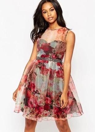 Платье коктейльное из органзы с пышной юбкой пачкой в цветочный принт3 фото