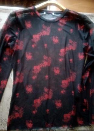 Прозрачная кофточка,блуза сетка с красными цветами pieces .46-48