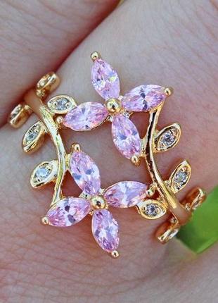 Кільце xuping jewelry гілка яблоневий цвіт рожеві камені р 18 золотисте2 фото